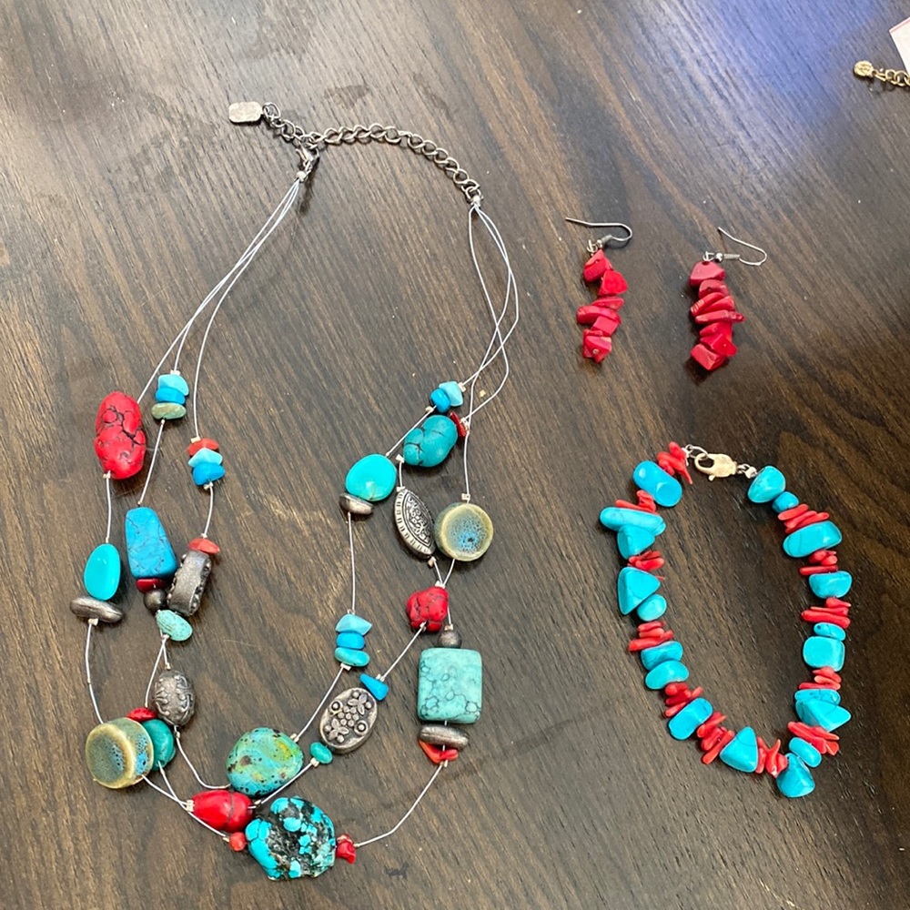 Turquoise and coral necklace bracelet and earrings set